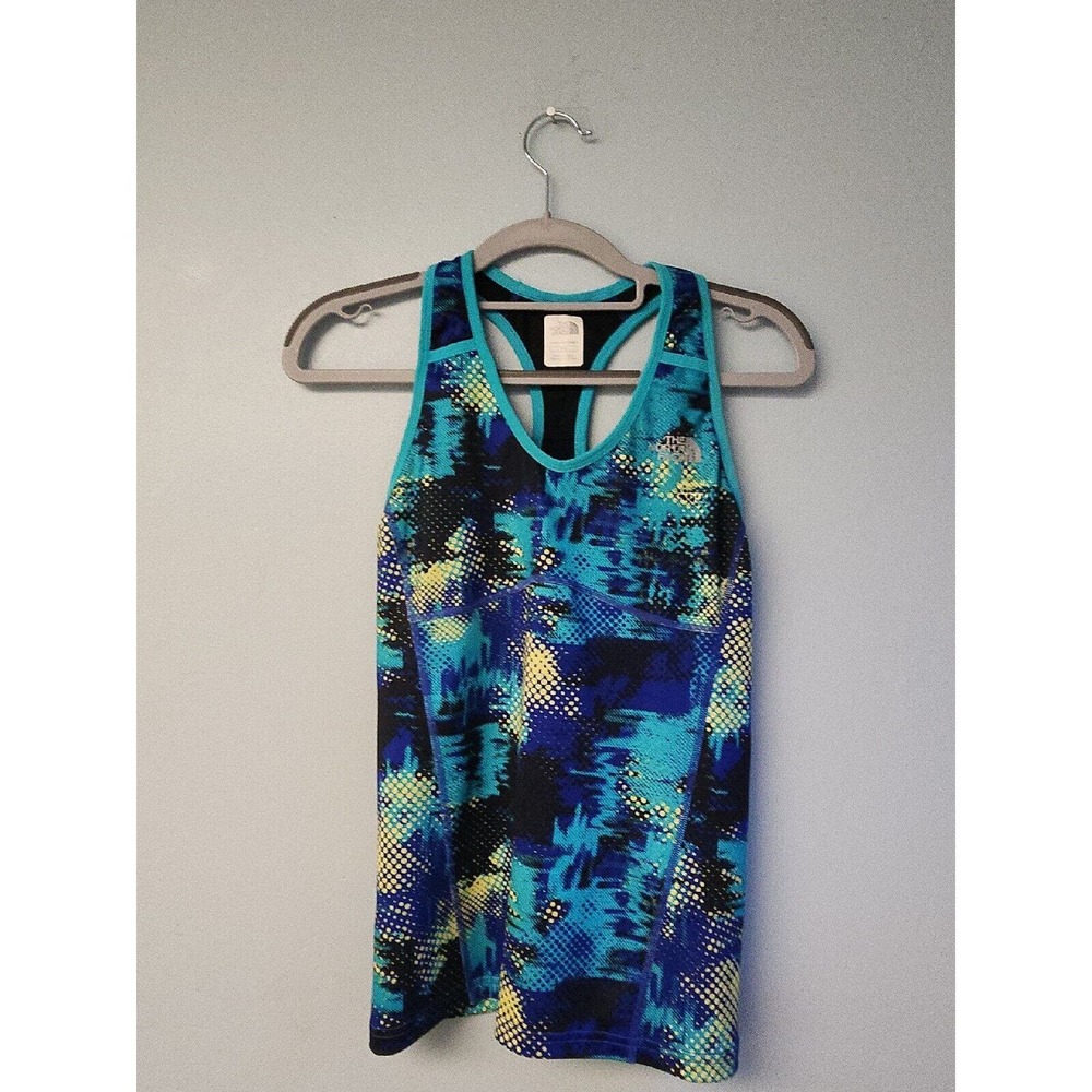 The North Face Womens Athletic Tank Top Blue Print Racerback Shelf Bra Small S